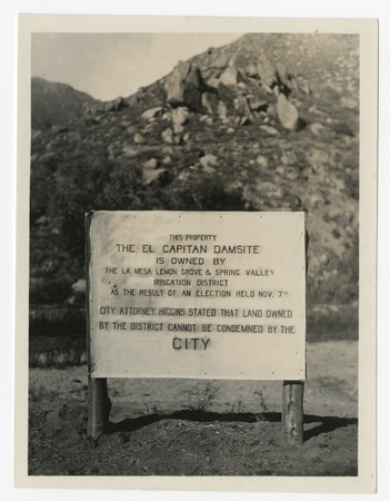 Property sign for El Capitan damsite, San Diego County