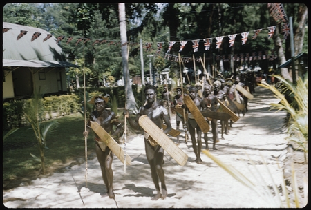 Procession of dancers with spears and shields