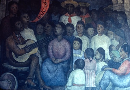Mural: musicians performing for a group of women and children: detail