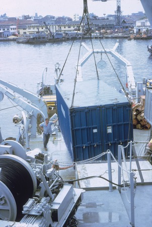 Loading container on R/V Melville. Mombasa, Indian Ocean. Antipode Expedition, June 1971-August 1973. n.d.