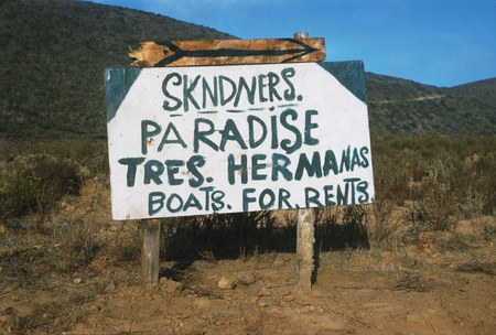 &quot;Skin-divers paradise tres. hermanas boats for rent,&quot; Punta Banda sign, Baja California, Mexico