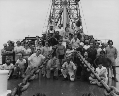 Entire crew of Leg 70 on the foredeck of the D/V Glomar Challenger (ship) during the Deep Sea Drilling Project. 1979.