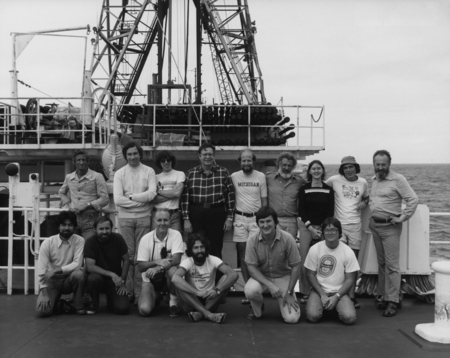 Scientific team of the Deep Sea Drilling Project, Leg 75, on the foredeck of the D/V Glomar Challenger (ship). 1980.