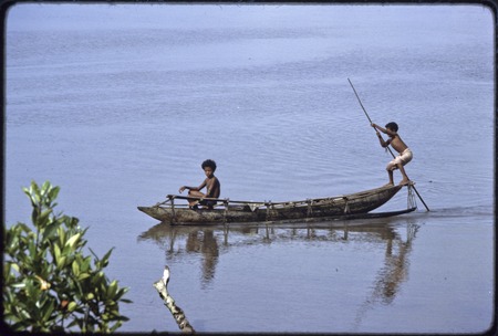 Canoes: boys punt along the shoreline in shallow water
