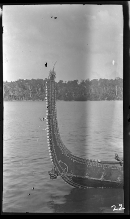 Solomon island decorated canoe point, sculpted head close to waterline
