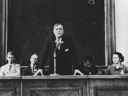 Vladimir Vladimirovich E. Beloussov (1907-1990) presiding at a press conference at the Second International Oceanographic ...