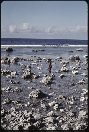 Girl in short fiber skirt walks in lagoon near Wawela village at low tide, waves break on edge of coral reef in distance