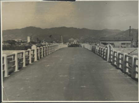 Bridge across the Ota river, 880 meters from the atomic bomb burst above Hiroshima. On the right side, it can be seen wher...