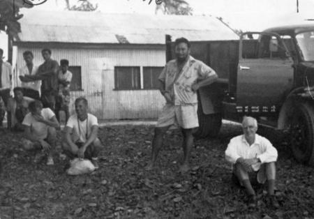 A shore party to sample the island of Rotuma: Edward Smith, Allison, Gibson, Edward Crisp Bullard. Nova Expedition, 1967
