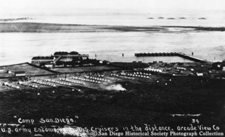 [Fort Rosecrans, Point Loma, with U.S. Navy armored cruisers in distance]