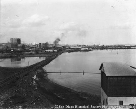 General view of San Diego waterfront showing gas works