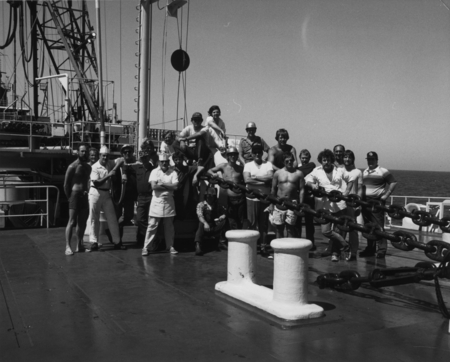 Global Marine Inc. roughnecks, cooks, engine room men and others on board the research vessel D/V Glomar Challenger (ship)...
