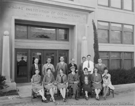 Group portrait of staff in front of Scripps Institution of Oceanography