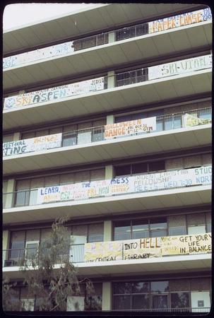 Urey Hall with banners on balconies