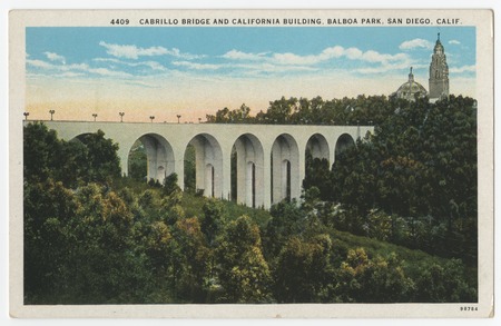 Cabrillo Bridge~W Entrnce Balboa Pk~Constr 1912-14~San Diego CA~Vintage Postcard 