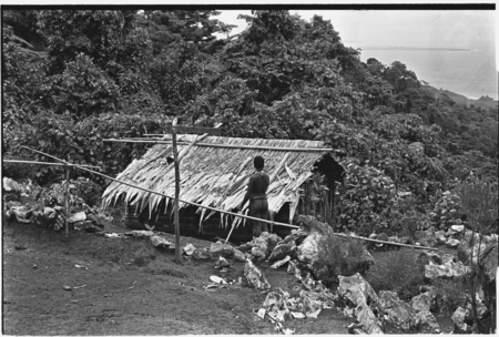 Woman and menstrual hut, with Sinalagu habour below.