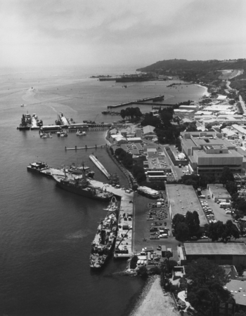 Aerial view of Nimitz Marine Facility and research vessels, Point Loma