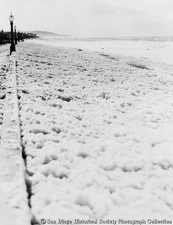 Mission Beach covered with sea foam
