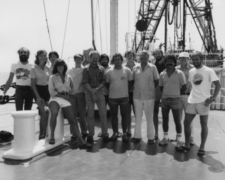 Scientific team aboard the D/V Glomar Challenger (ship) for Leg 84 of the Deep Sea Drilling Project. 1982.