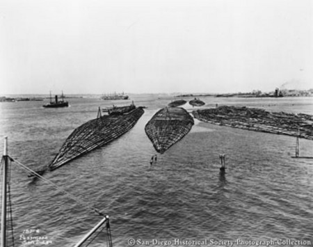 Benson&#39;s Lumber Company log rafts on San Diego Bay
