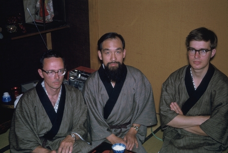 Midnight supper at Aomori ryokahn: Jan Lawson, Masashi Yasui, John Slater in traditional yukatas