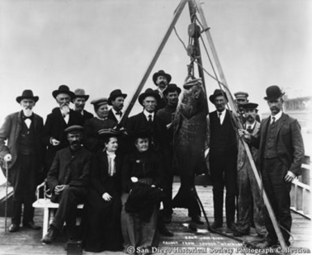 [Group of men and women posing with giant sea bass caught from launch McKinley, January 30, 1905]