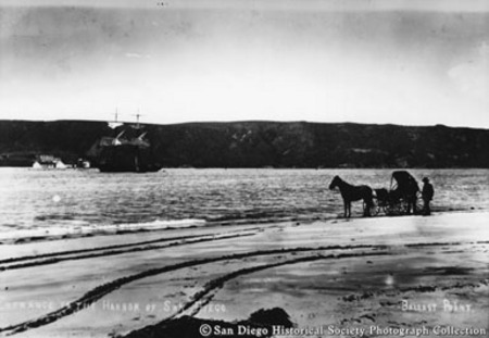 Horse and carriage on Ballast Point, sailing ship entering San Diego Bay
