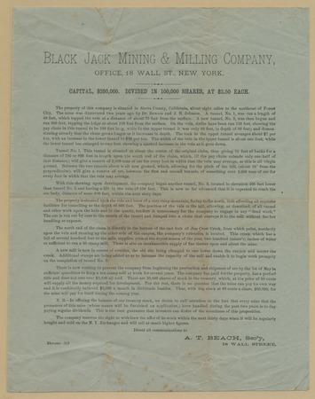 Black Jack Mining &amp; Milling Company, office, 18 Wall St., New York. Capital, $250,000. Divided in 100,000 shares, at $2.50...