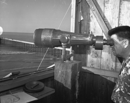 Carl L. (Carl Leavitt) Hubbs whale watching through military binoculars at Scripps Institution of Oceanography. Circa 1950.