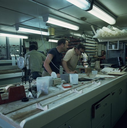 Scientists Thomas W. Connelly (left) and Wallace Broecker (right) working in one of the laboratories aboard the D/V Glomar...