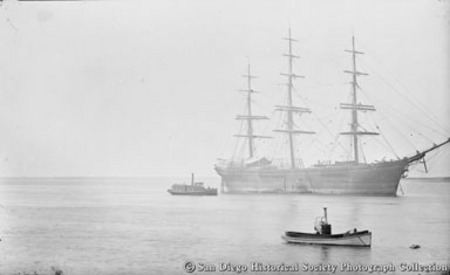 Sailing ship Belvedere and tugboat on San Diego Bay