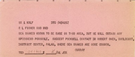 Teletype Sea snakes known to be rare in this area... DTG 040425Z