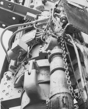 The Heave compensator located on the rack of the rig floor on the D/V Glomar Challenger (ship), part of the machinery usin...