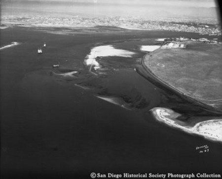 Aerial view of causeway dredging in San Diego Bay