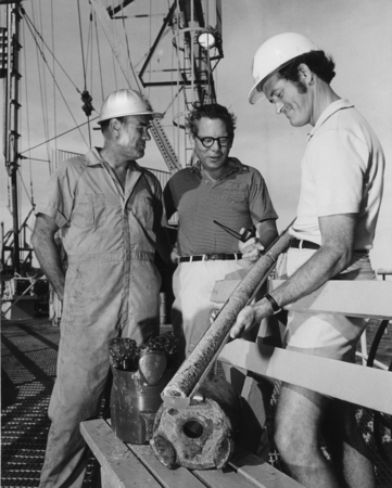 DEEP SEA BASALT-Cruise Co-Chief Scientists Drs. Tjeerd H. van Andel, center, and G. Ross Heath, right, both from Oregon St...
