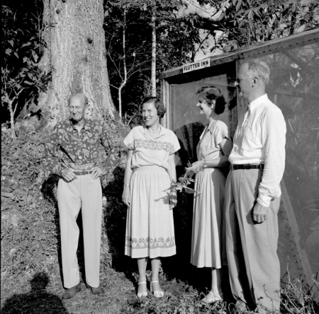 William Beebe/Henry Fleming Trinidad #2, 1956. R1-C4 Mrs. Geaunee, Jocylen Crane, Wm Beebe in front of Butterfly house Sim...