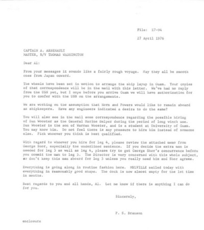 Letter to Captain A. Arsenault, Master R/V Thomas Washington