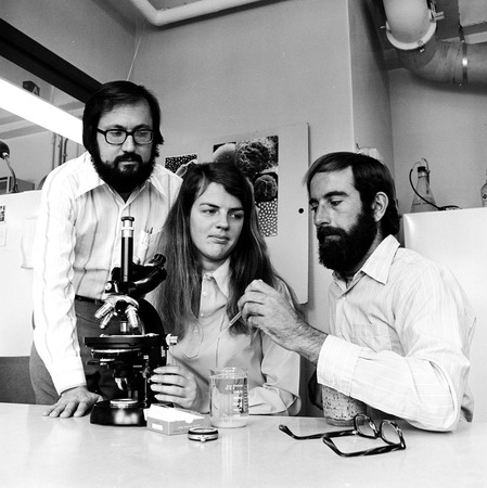 David Epel (left), Mia Tegner (center), and Victor Vacquier, Jr. (right) working in a laboratory, Scripps Institution of O...
