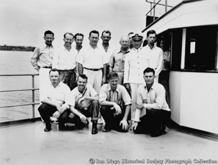 Group portrait of crew on deck of research vessel Velero III, Panama Canal