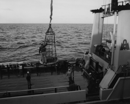 James Lockman, a Global Marine Inc. employee, is being transferred in a Billy Pugh Basket from the D/V Glomar Challenger (...