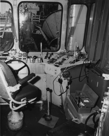The inside cab of the big crane, which was located on the port side of the D/V Glomar Challenger (ship). A prefabricated r...