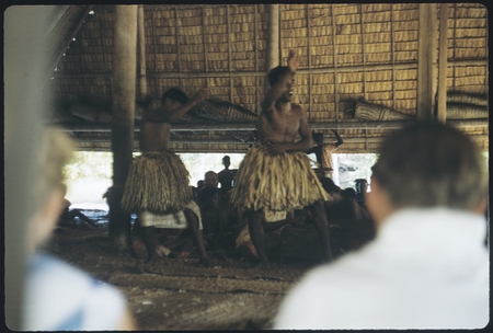 Dancers with grass skirts performing in a building