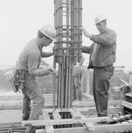 Construction workers with rebar at the Library building site, UC San Diego