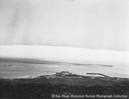 Bird&#39;s-eye view of quarantine station on Point Loma at entrance to San Diego Bay