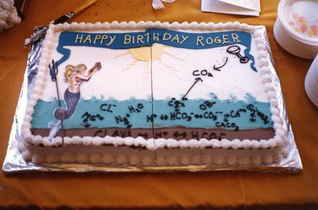 Roger Revelle&#39;s 75th birthday party cake at Scripps Institution of Oceanography. March 9, 1984