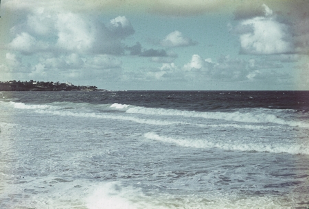 White sea surf coming ashore in La Jolla, California. December 1948.