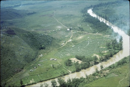 Balim Valley, aerial view of river, gardens and settlement