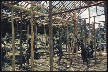 House-building: Kwiop men building frame for the Cooks&#39; house