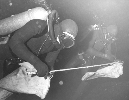 Paul Dayton (foreground) and Chuck Galt, during Paul Dayton&#39;s benthic ecology research project. near McMurdo Station, Anta...