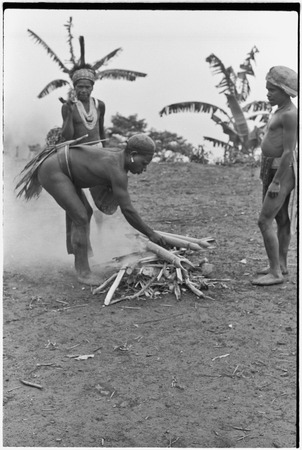 Pig festival, stake-planting, Tuguma: Tsembaga men put bamboo on fire, when it explodes they will leave for Tuguma